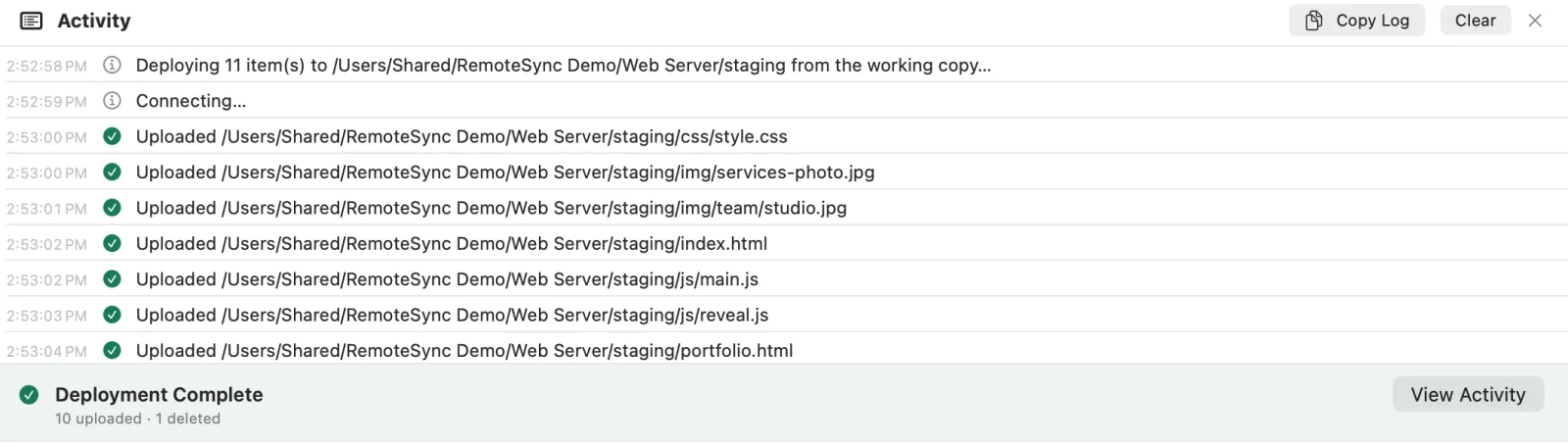 The Activity pane: a timestamped list of uploaded files under Deployment Complete, 10 uploaded, 1 deleted