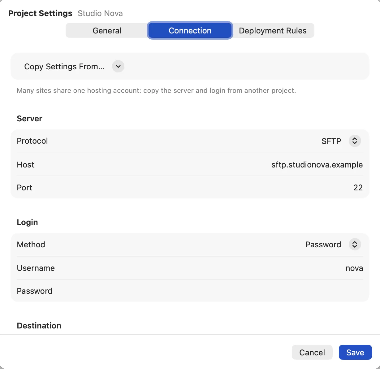 Project Settings, Connection: Copy Settings From…, protocol SFTP, host sftp.studionova.example, port 22, password login for the user nova