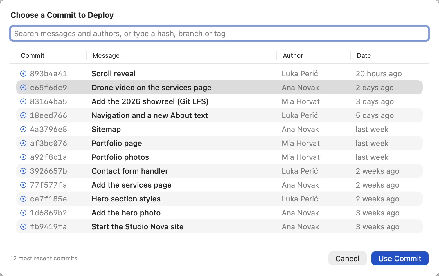 Choose a Commit to Deploy: a searchable list of twelve commits with hash, message, author and date