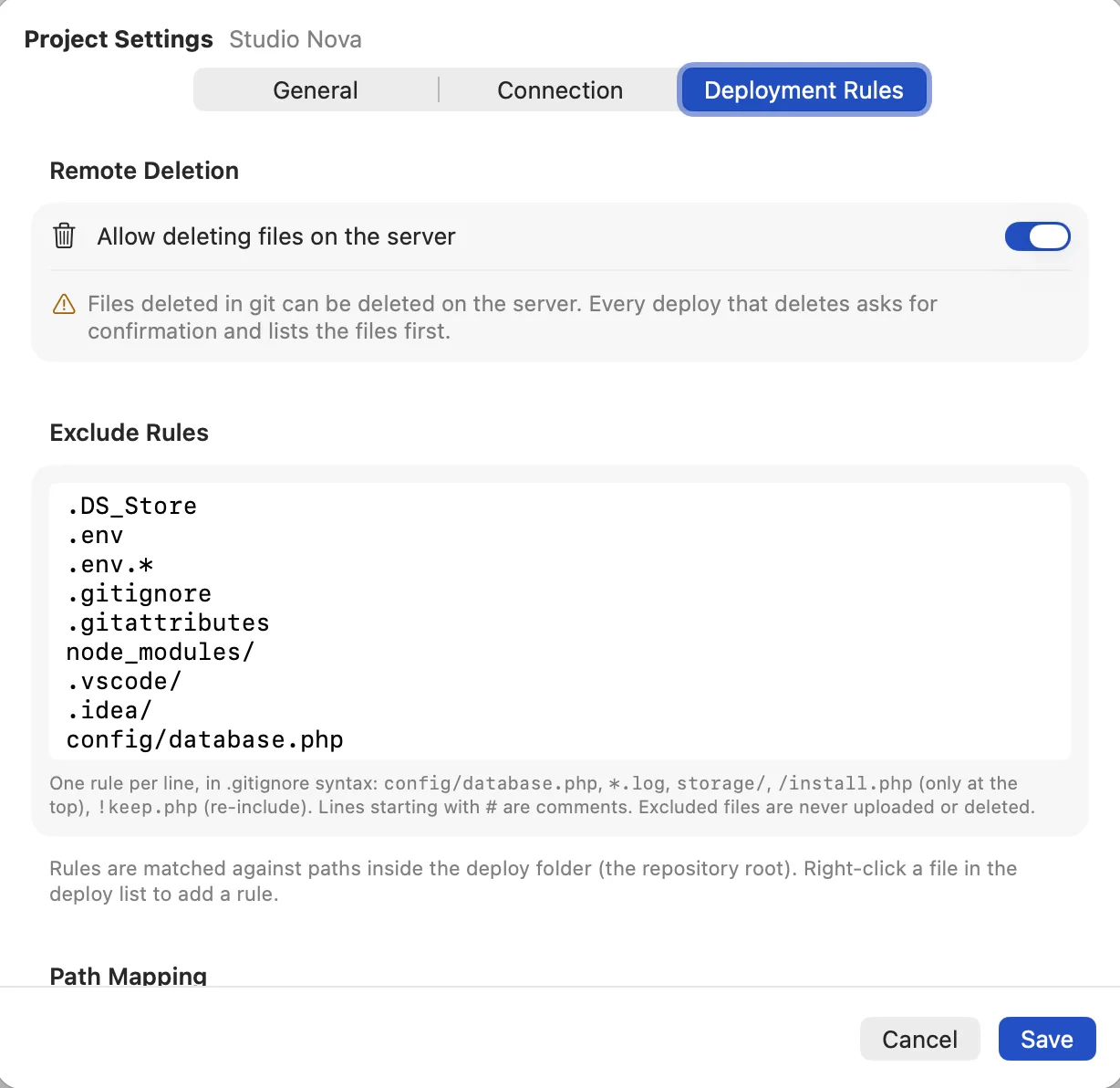 Deployment Rules: Allow deleting files on the server is on; the exclude rules list .DS_Store, .env, .env.*, .gitignore, .gitattributes, node_modules/, .vscode/, .idea/ and config/database.php