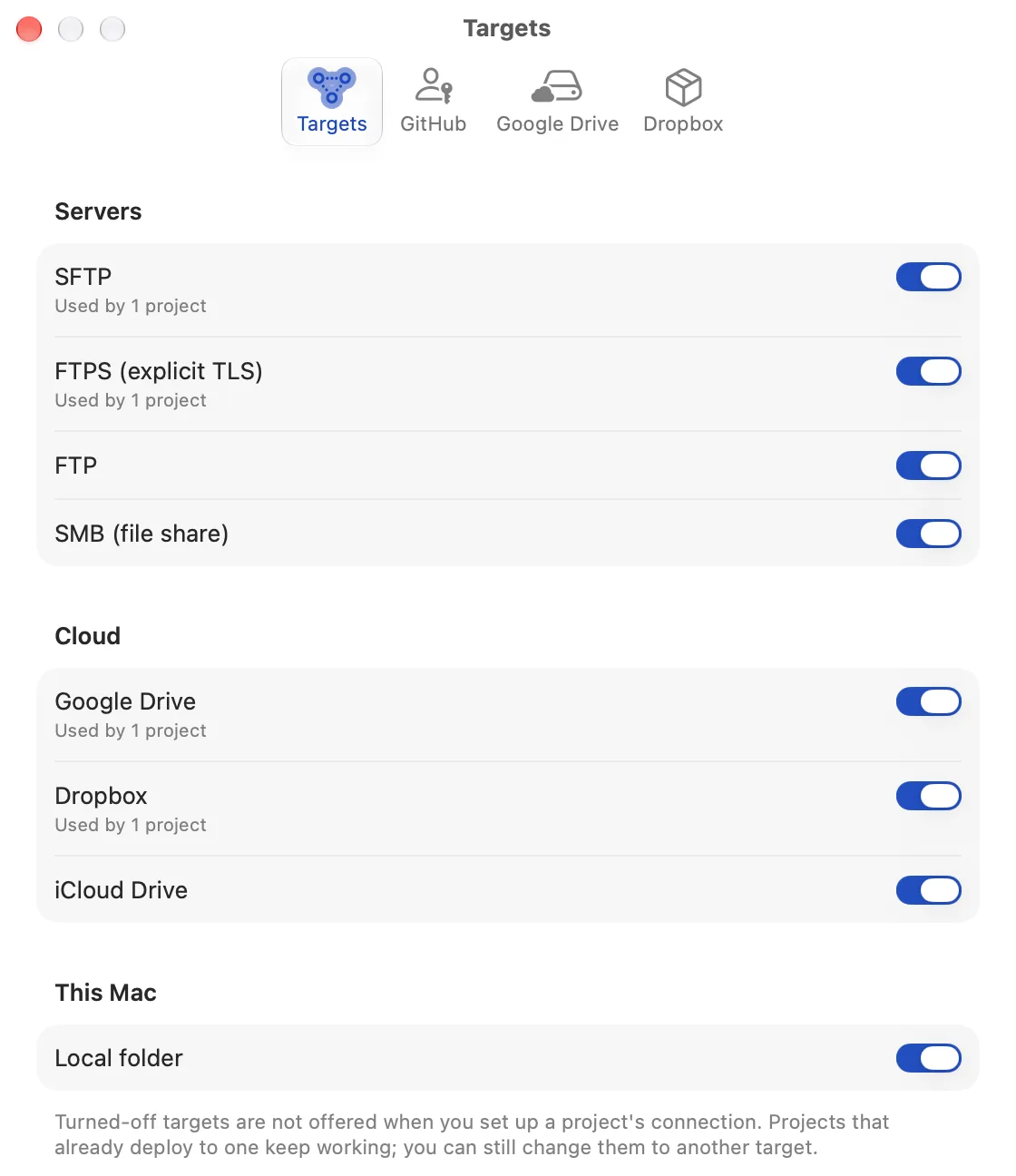 RemoteSync Settings, Targets: a switch for each destination — SFTP, FTPS, FTP, SMB, Google Drive, Dropbox, iCloud Drive and Local folder